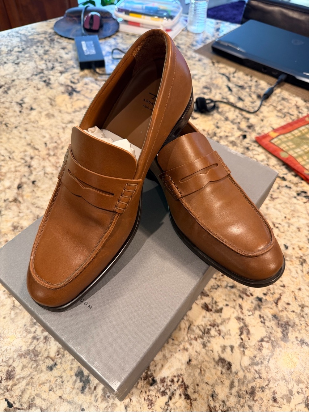 Aquatalia Cognac Leather Penny Loafers